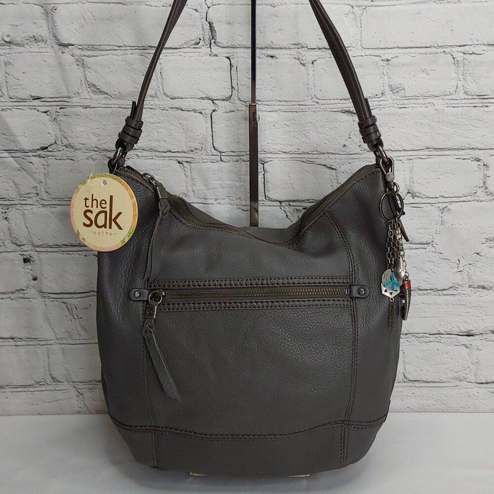 'THE SAK' 'SEQUOIA' HOBO PEBBLED LEATHER SHOULDER BAG in 'GRAY GRANITE' NEW